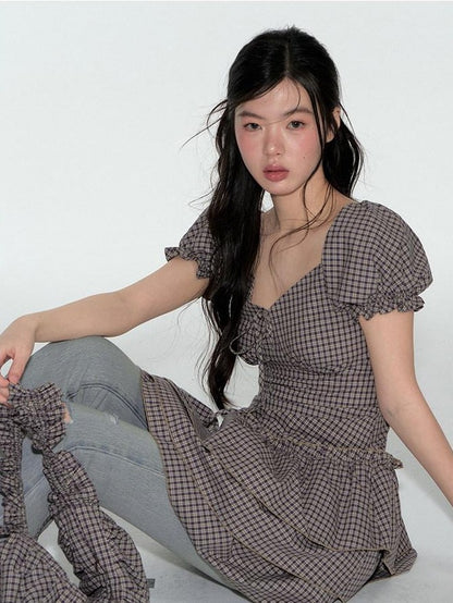 NAPSNAPS Purple Plaid Asymmetrical Double Layer V-neck Women&