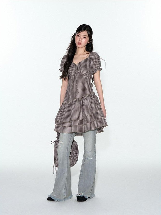 NAPSNAPS Purple Plaid Asymmetrical Double Layer V-neck Women&