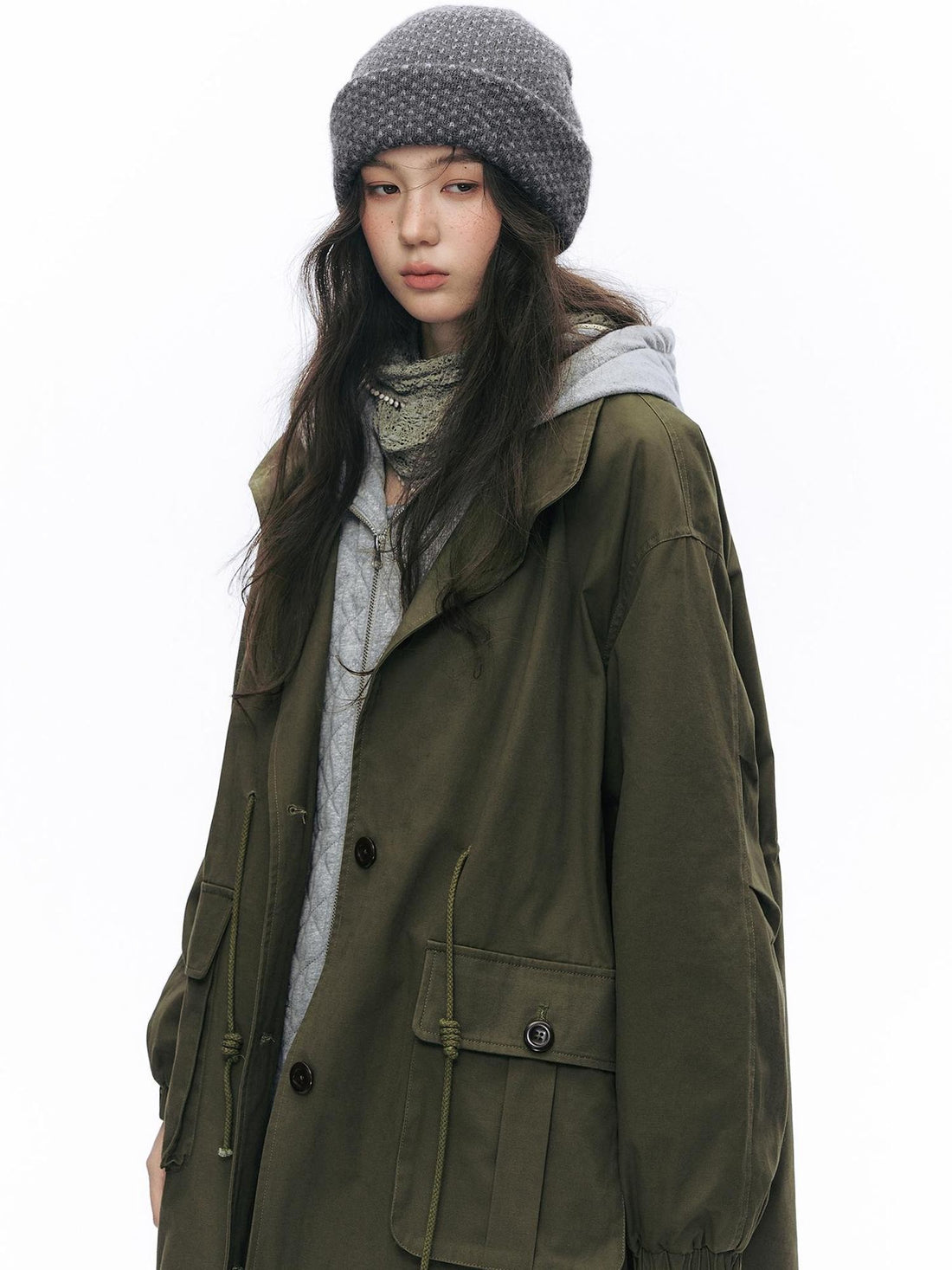 NAPSNAPS Quilted Floral Print Faux Layered Hooded Women&
