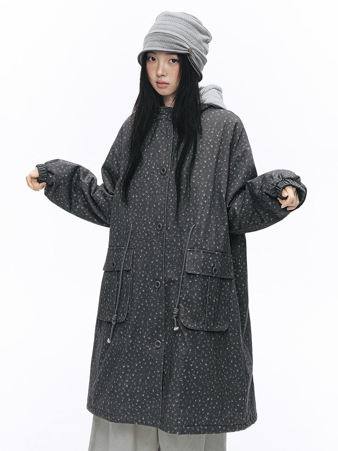 NAPSNAPS Quilted Floral Print Faux Layered Hooded Women&
