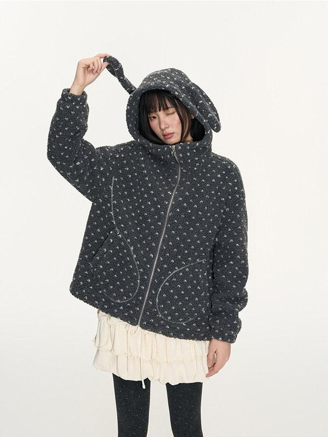NAPSNAPS Rabbit Ear Polka Dot Sherpa Zip Drawstring Women&