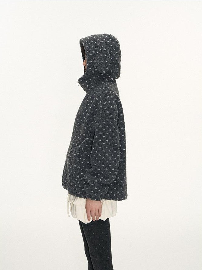 NAPSNAPS Rabbit Ear Polka Dot Sherpa Zip Drawstring Women&