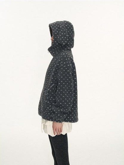 NAPSNAPS Rabbit Ear Polka Dot Sherpa Zip Drawstring Women&