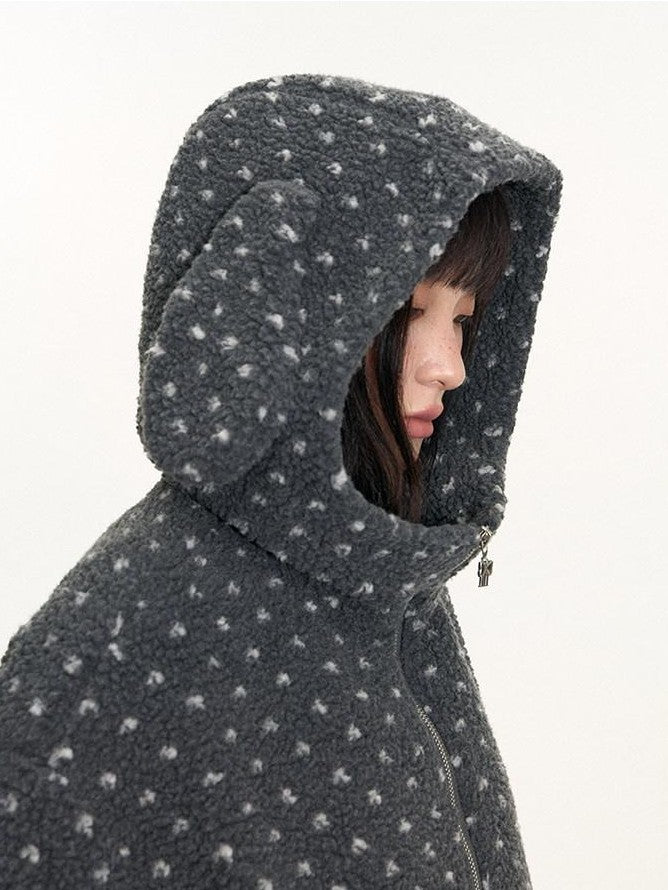 NAPSNAPS Rabbit Ear Polka Dot Sherpa Zip Drawstring Women&