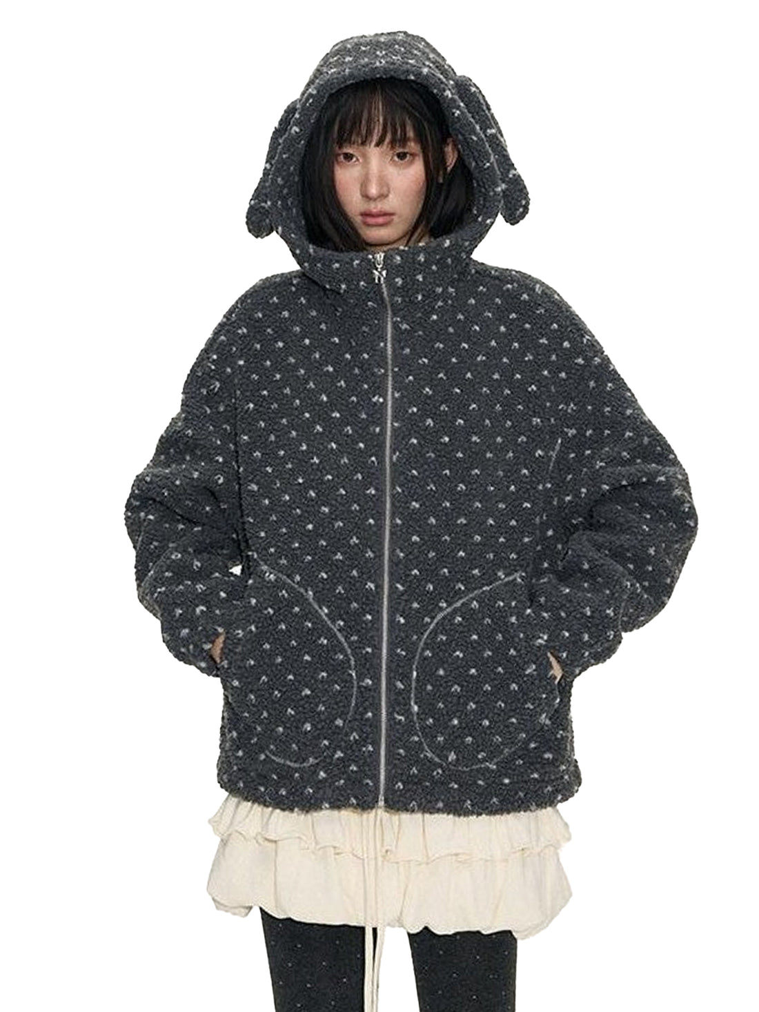 NAPSNAPS Rabbit Ear Polka Dot Sherpa Zip Drawstring Women&