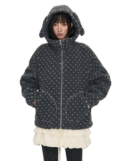 NAPSNAPS Rabbit Ear Polka Dot Sherpa Zip Drawstring Women&