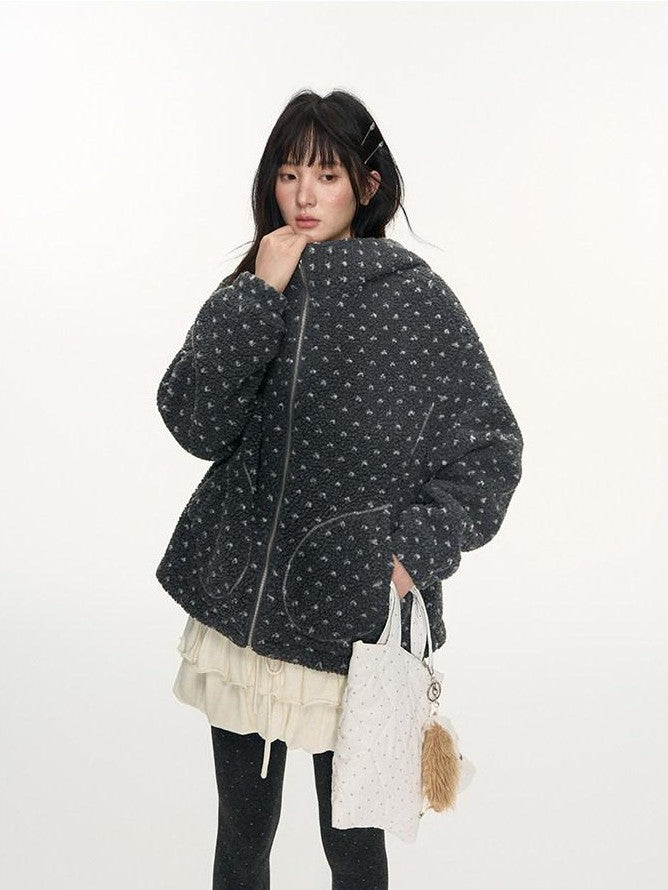 NAPSNAPS Rabbit Ear Polka Dot Sherpa Zip Drawstring Women&