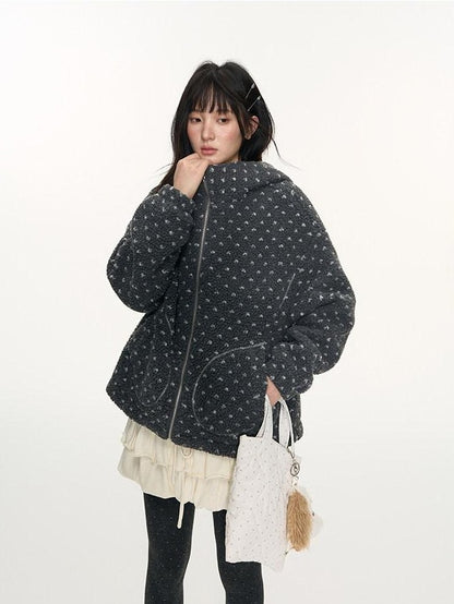 NAPSNAPS Rabbit Ear Polka Dot Sherpa Zip Drawstring Women&