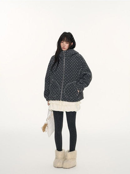 NAPSNAPS Rabbit Ear Polka Dot Sherpa Zip Drawstring Women&