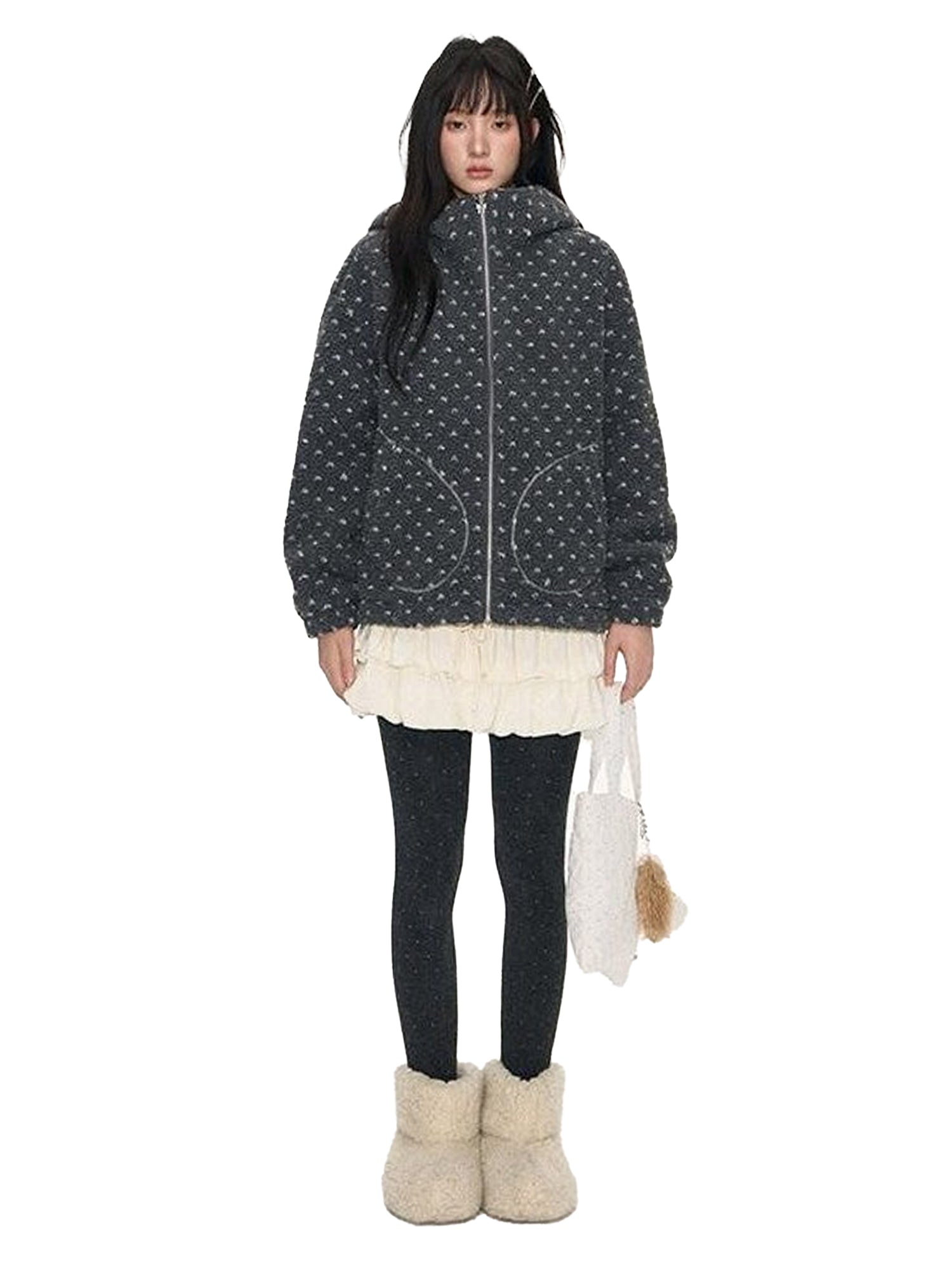 NAPSNAPS Rabbit Ear Polka Dot Sherpa Zip Drawstring Women&