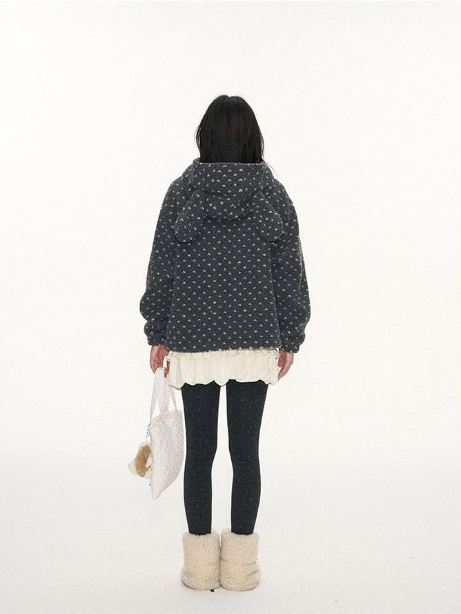 NAPSNAPS Rabbit Ear Polka Dot Sherpa Zip Drawstring Women&