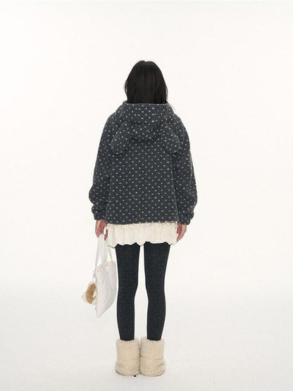 NAPSNAPS Rabbit Ear Polka Dot Sherpa Zip Drawstring Women&