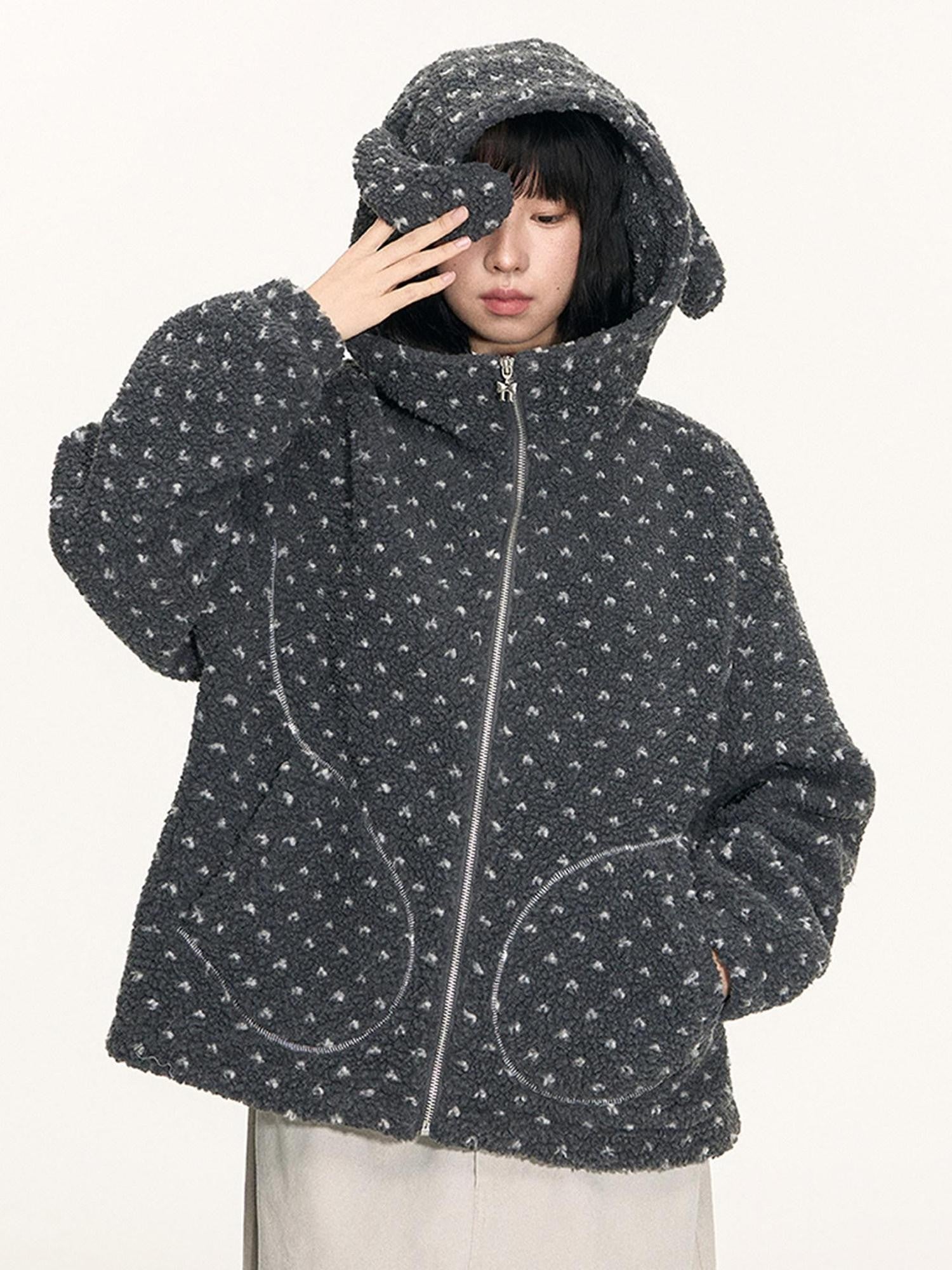 NAPSNAPS Rabbit Ear Polka Dot Sherpa Zip Drawstring Women&