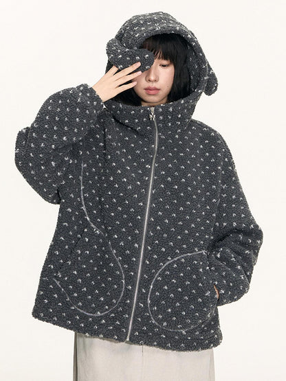 NAPSNAPS Rabbit Ear Polka Dot Sherpa Zip Drawstring Women&