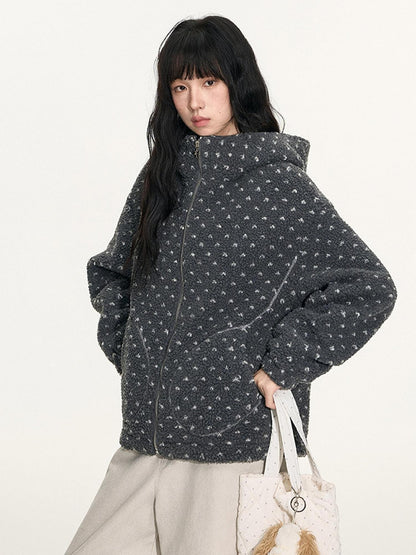 NAPSNAPS Rabbit Ear Polka Dot Sherpa Zip Drawstring Women&