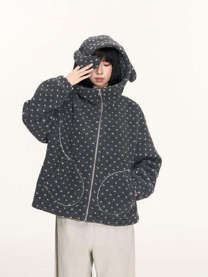 NAPSNAPS Rabbit Ear Polka Dot Sherpa Zip Drawstring Women&
