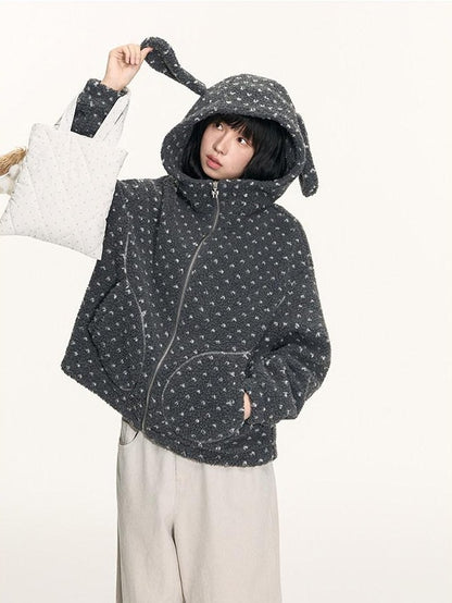 NAPSNAPS Rabbit Ear Polka Dot Sherpa Zip Drawstring Women&