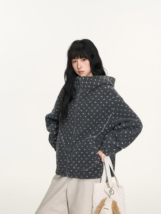 NAPSNAPS Rabbit Ear Polka Dot Sherpa Zip Drawstring Women&