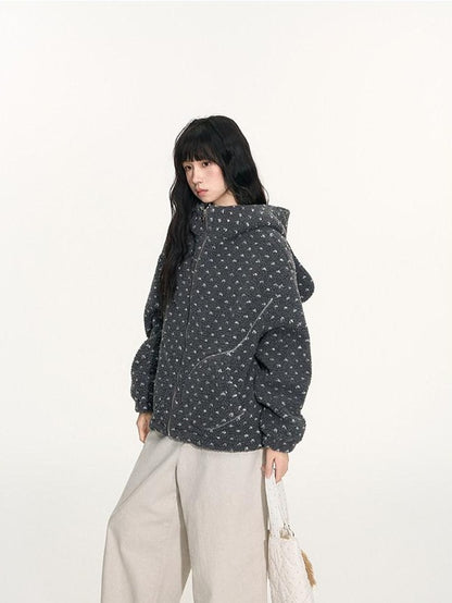 NAPSNAPS Rabbit Ear Polka Dot Sherpa Zip Drawstring Women&