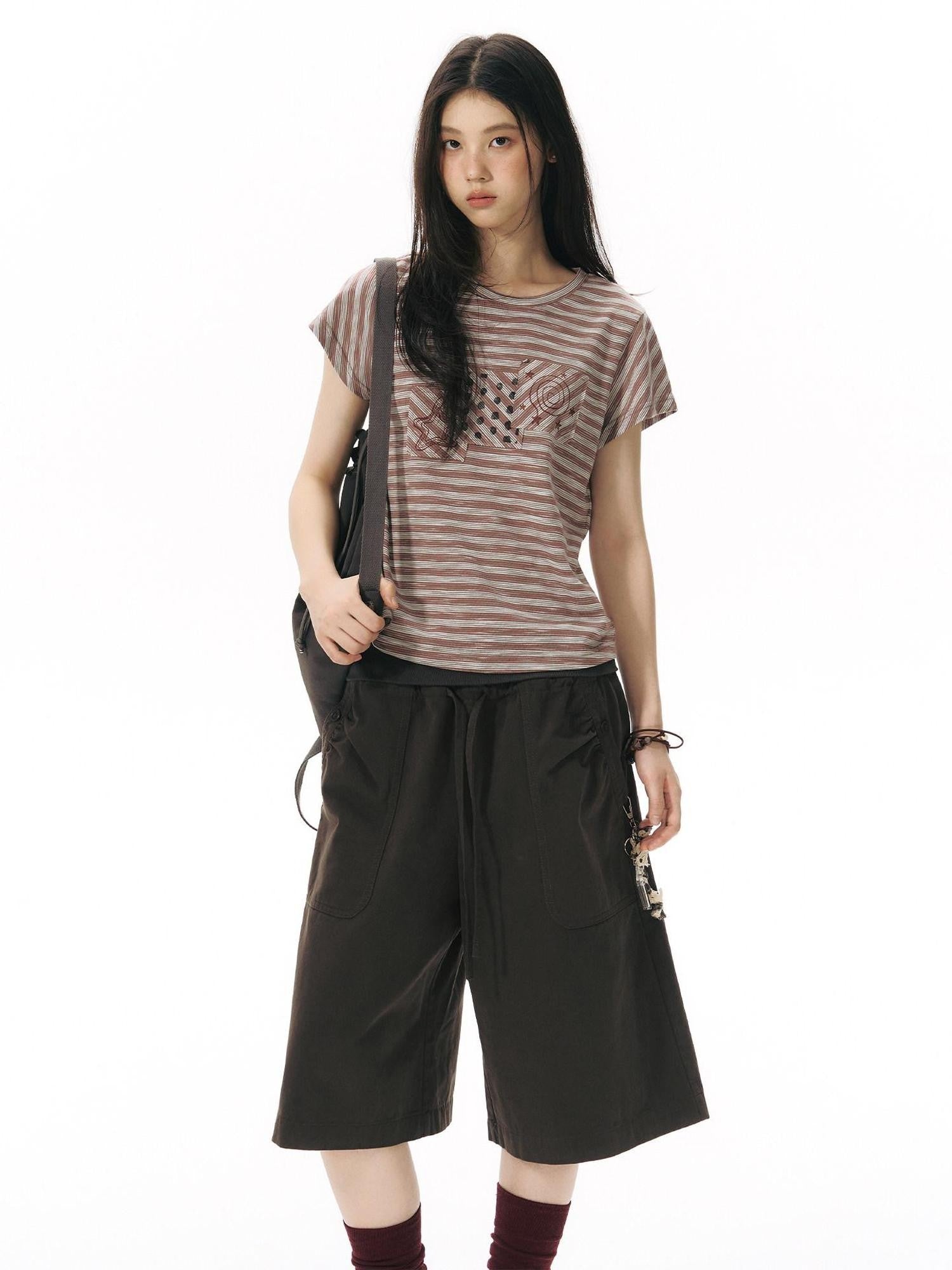 NAPSNAPS Red Coffee Striped Applique Flutter Women&