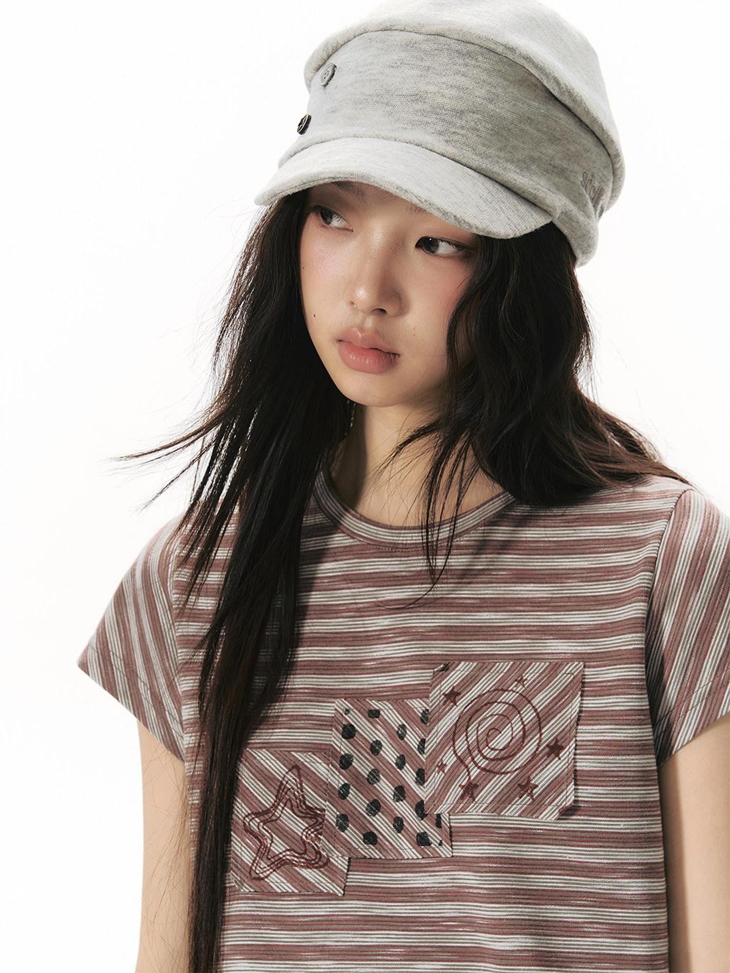 NAPSNAPS Red Coffee Striped Applique Flutter Women&