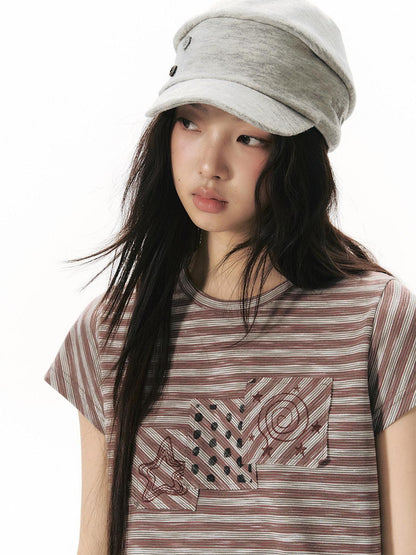 NAPSNAPS Red Coffee Striped Applique Flutter Women&