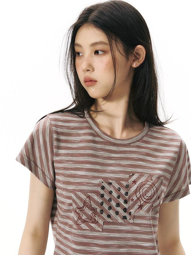 NAPSNAPS Red Coffee Striped Applique Flutter Women&