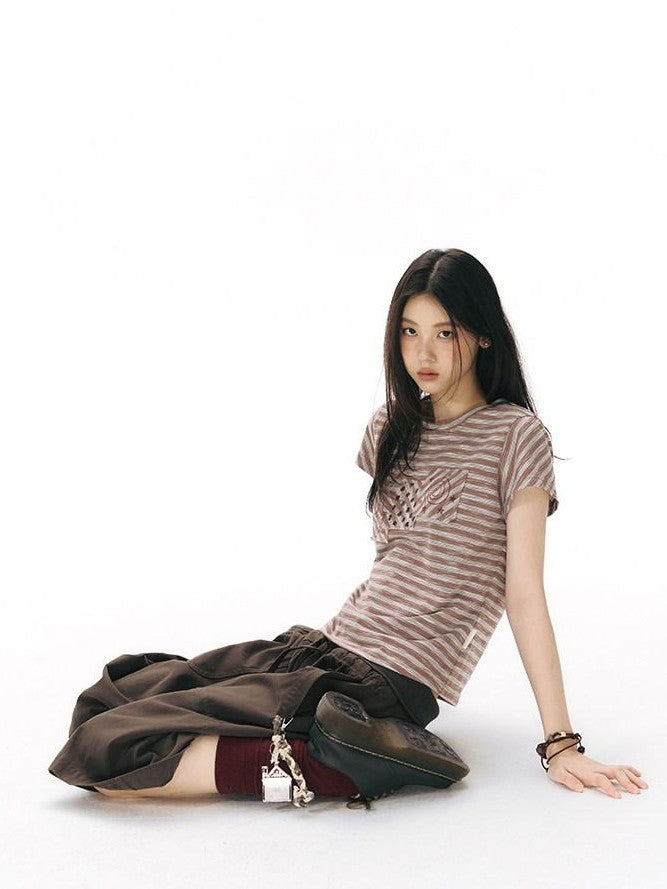 NAPSNAPS Red Coffee Striped Applique Flutter Women&