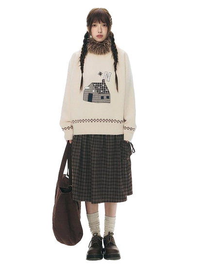 NAPSNAPS Red Plaid Large Pocket Patchwork Pleated Waist Women&