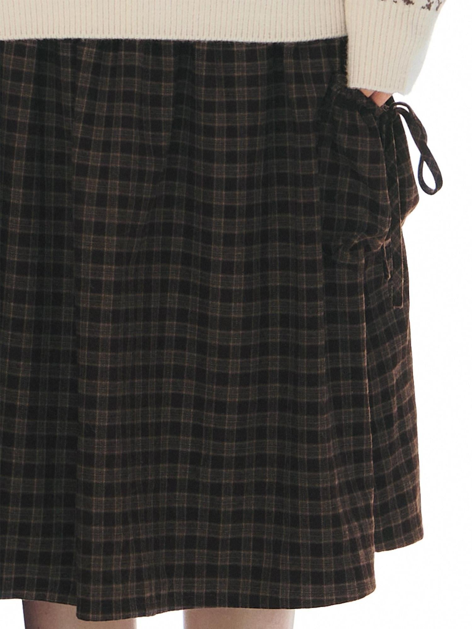 NAPSNAPS Red Plaid Large Pocket Patchwork Pleated Waist Women&
