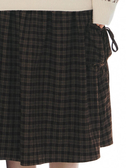 NAPSNAPS Red Plaid Large Pocket Patchwork Pleated Waist Women&