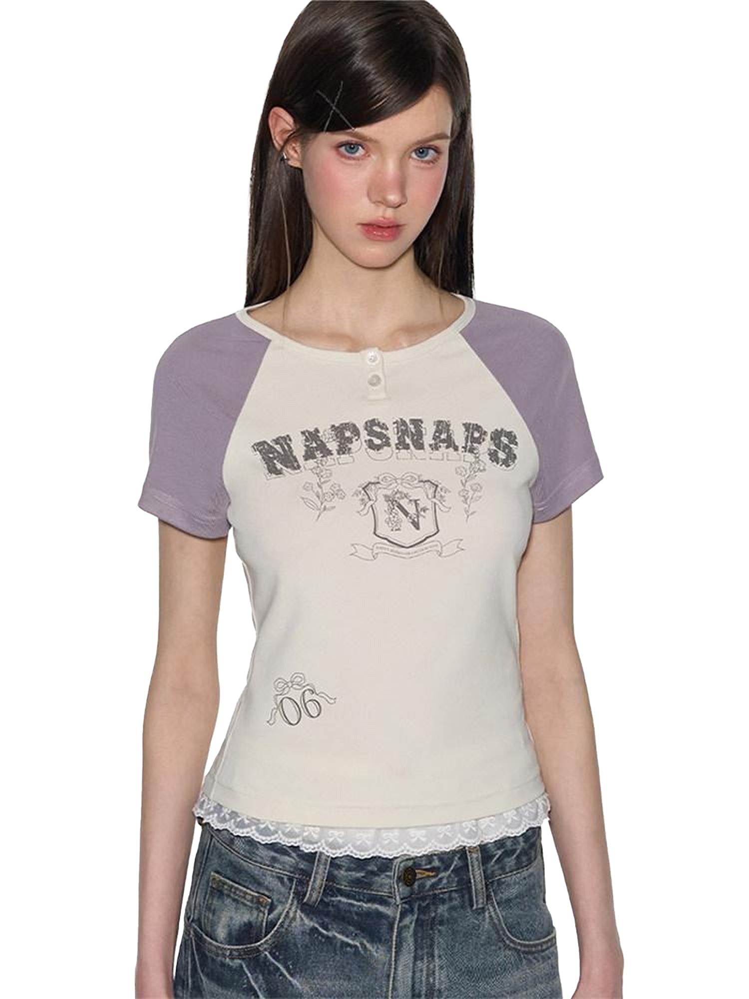 NAPSNAPS Retro Colorblock Raglan Letter Print Women&