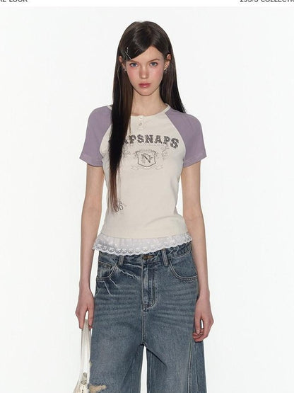 NAPSNAPS Retro Colorblock Raglan Letter Print Women&