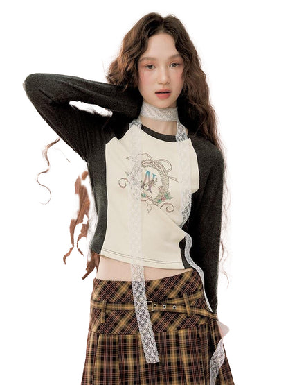 NAPSNAPS Retro Colorblock Raglan Print Crop Women&