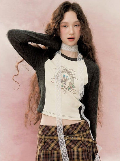 NAPSNAPS Retro Colorblock Raglan Print Crop Women&