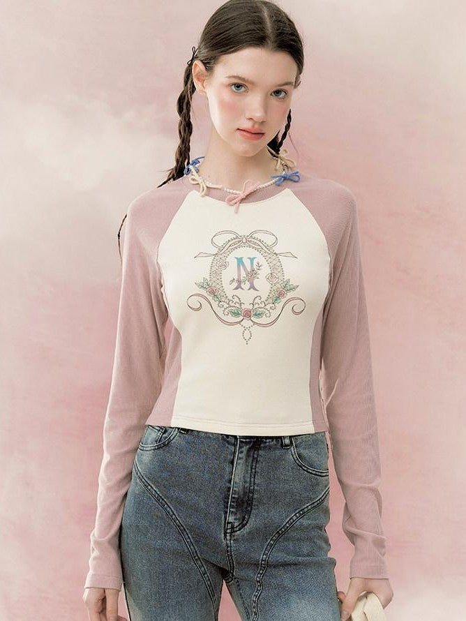 NAPSNAPS Retro Colorblock Raglan Print Crop Women&