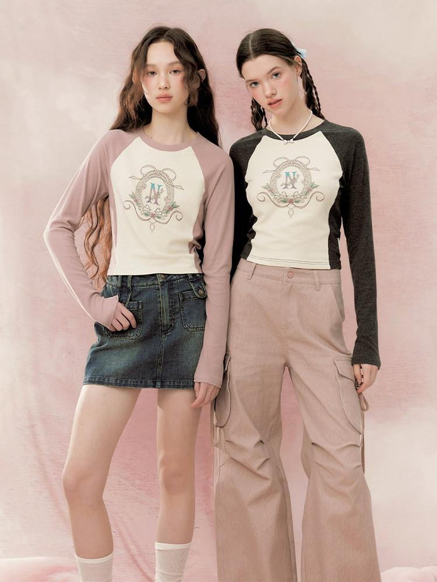 NAPSNAPS Retro Colorblock Raglan Print Crop Women&