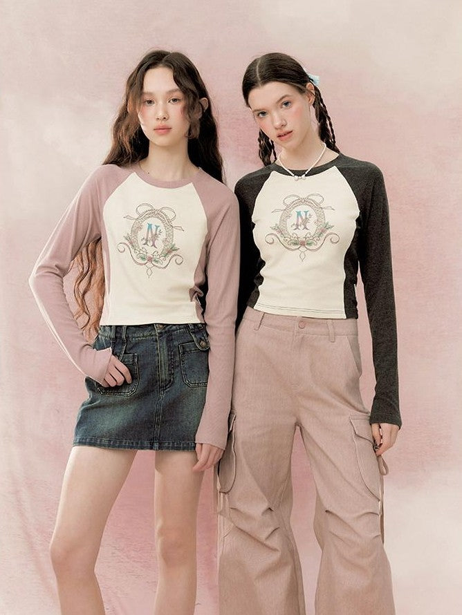 NAPSNAPS Retro Colorblock Raglan Print Crop Women&
