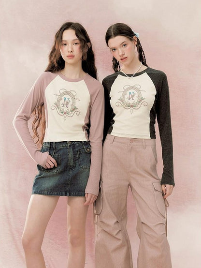 NAPSNAPS Retro Colorblock Raglan Print Crop Women&