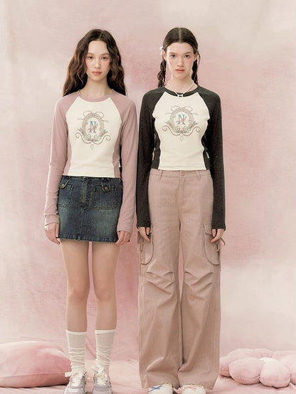 NAPSNAPS Retro Colorblock Raglan Print Crop Women&