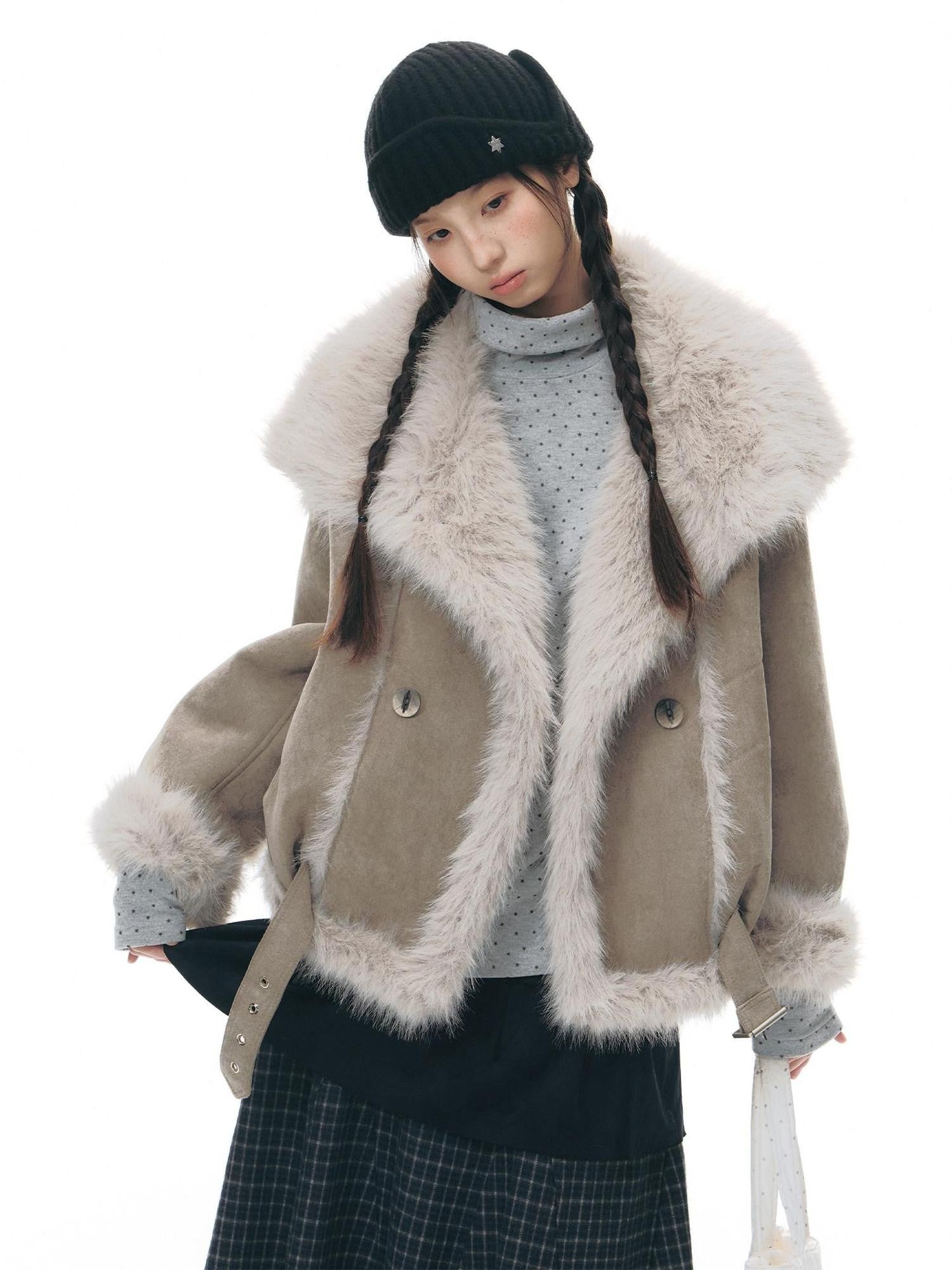 NAPSNAPS Retro Double Breasted Faux Shearling Women&
