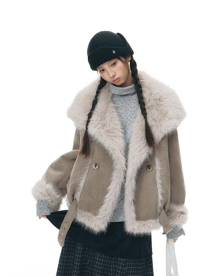 NAPSNAPS Retro Double Breasted Faux Shearling Women&