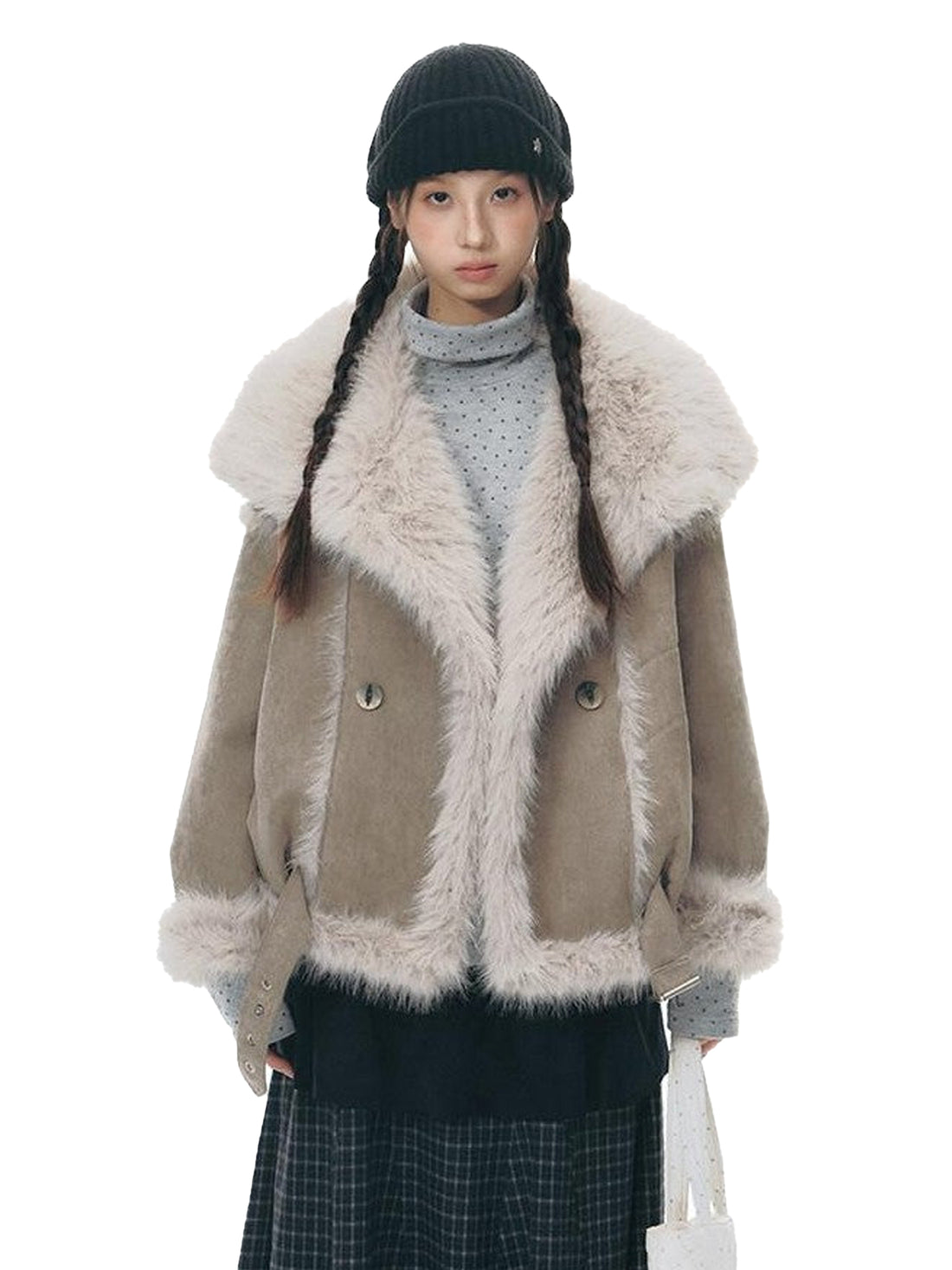 NAPSNAPS Retro Double Breasted Faux Shearling Women&