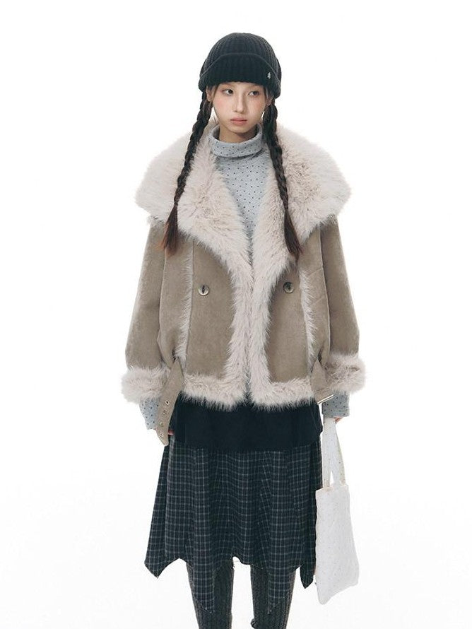 NAPSNAPS Retro Double Breasted Faux Shearling Women&
