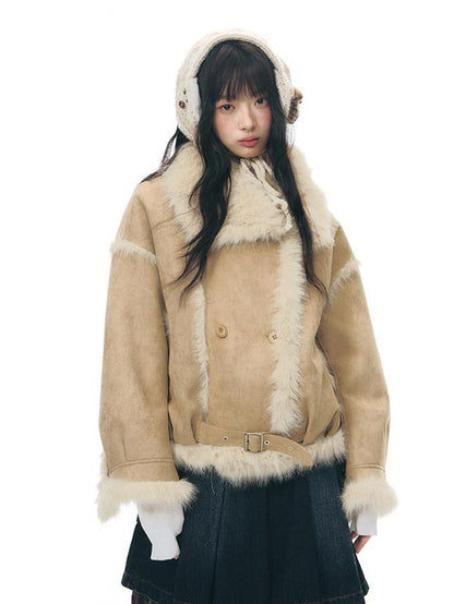 NAPSNAPS Retro Double Breasted Faux Shearling Women&