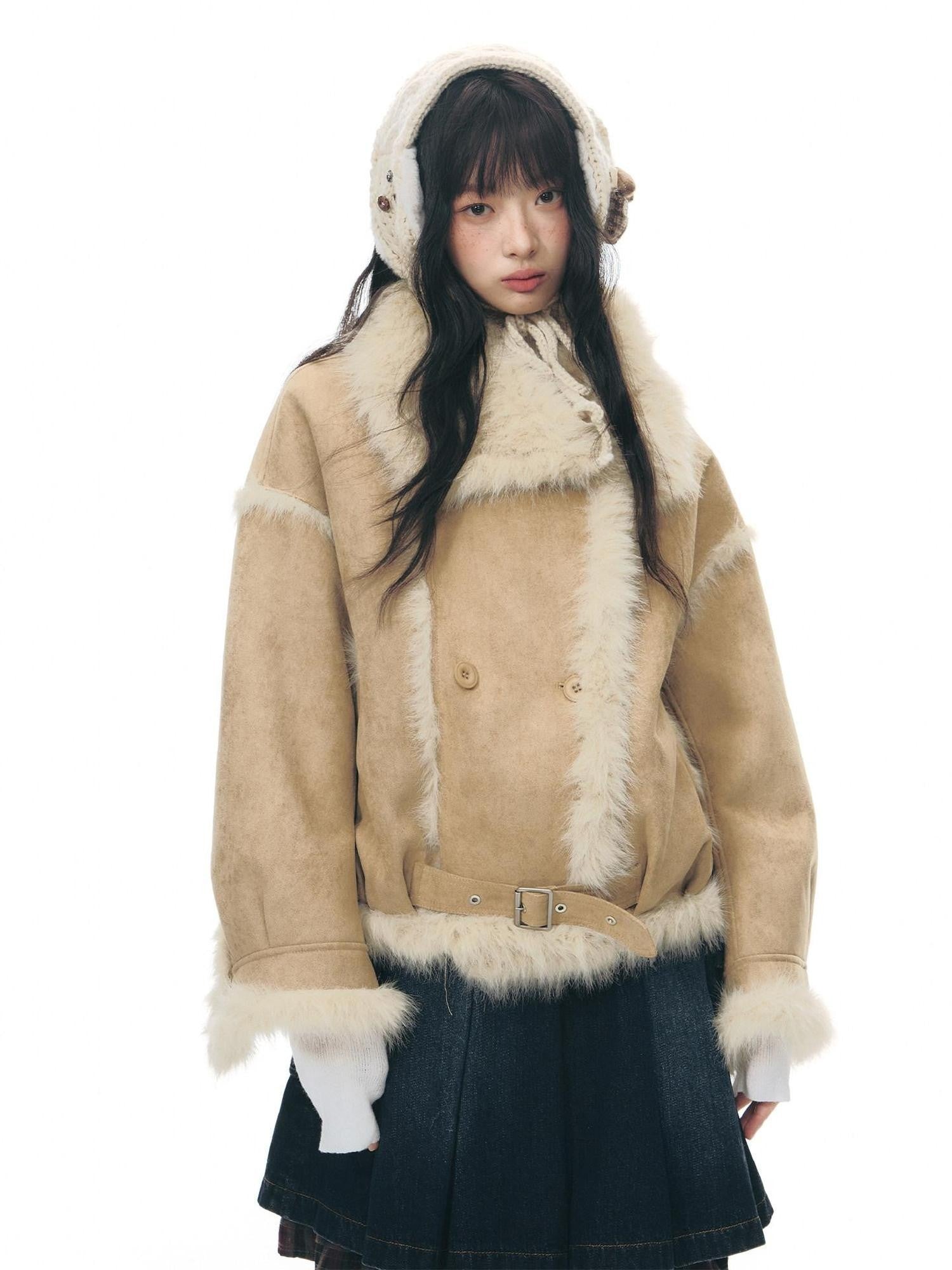 NAPSNAPS Retro Double Breasted Faux Shearling Women&
