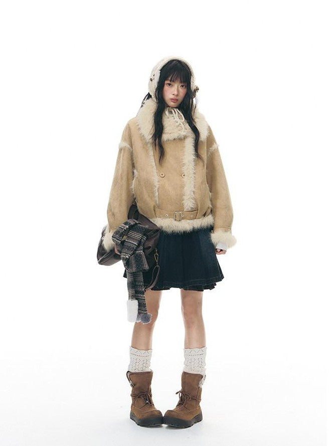 NAPSNAPS Retro Double Breasted Faux Shearling Women&