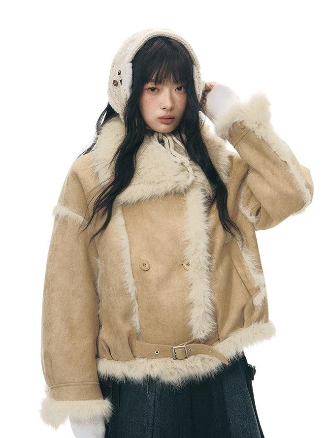 NAPSNAPS Retro Double Breasted Faux Shearling Women&
