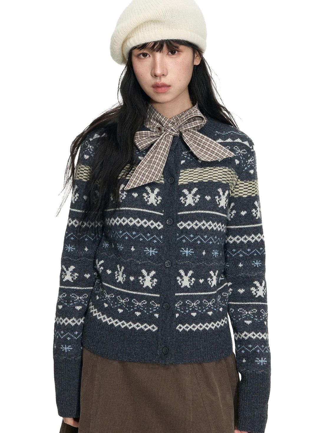 NAPSNAPS Retro Fair Isle Jacquard Bow Button Women&