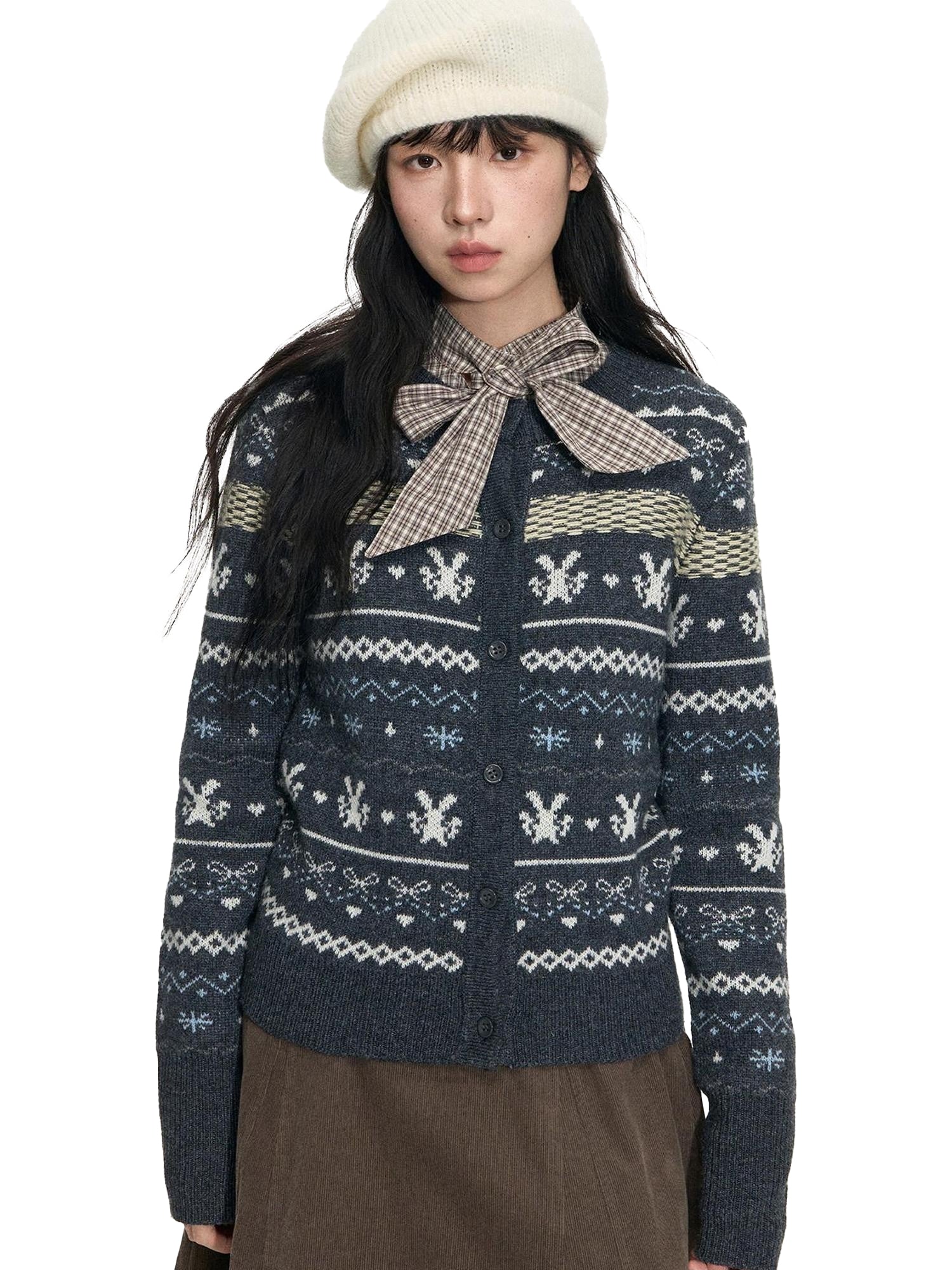 NAPSNAPS Retro Fair Isle Jacquard Bow Button Women&